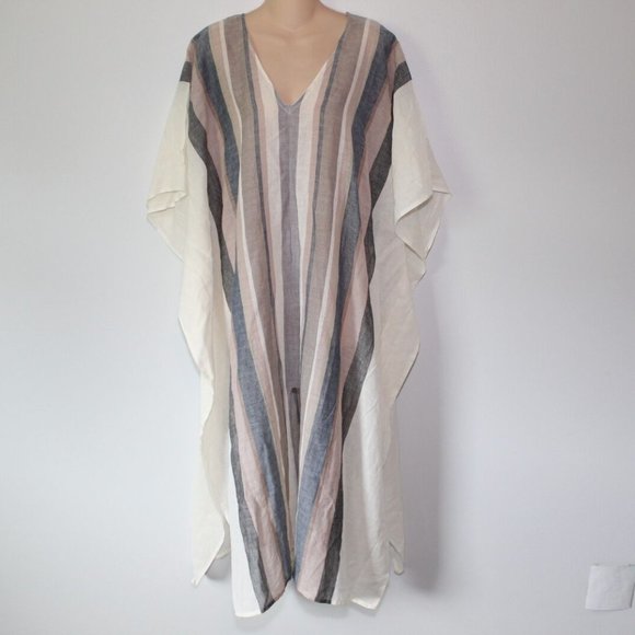 NWT ECHO Striped Beach Caftan Maxi Swim Cover White Tan Size L/XL H13276 - Picture 2 of 12
